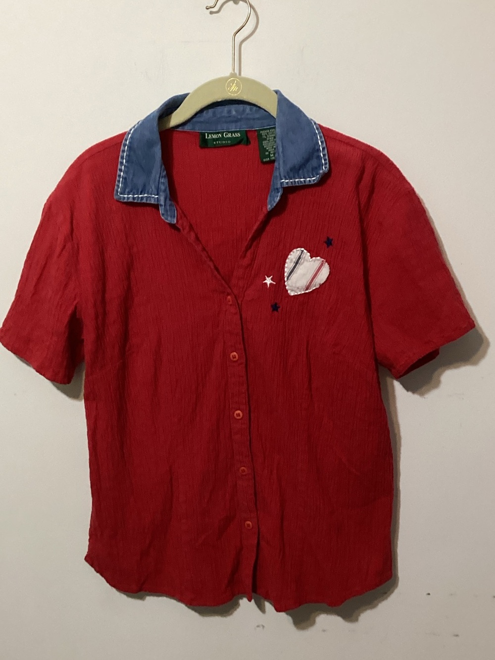 Vintage Lemon Grass Studio Patriotic Red Pucker Poplin Heart Shirt Medium